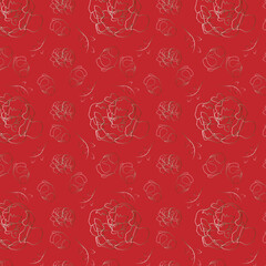 Fototapeta na wymiar Vector seamless illustration of golden peonies on red background line art modern pattern