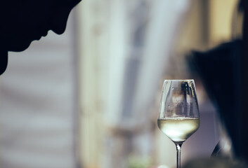 silhouette of heaad tasting glass of white wine