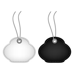 Blank black and white sale tag label with string, 3d vector illustration
