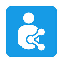 Logotipo con silueta de hombre con símbolo compartir en red social en cuadrado color azul - obrazy, fototapety, plakaty