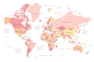 Fototapeta Colourful Illustration of a world map showing country names, State names (USA, Canada & Australia), capital cities, major lakes and oceans. Print at no less than 36