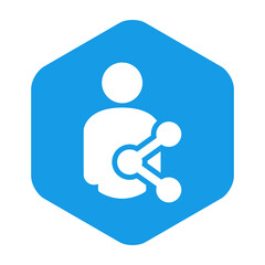 Logotipo con silueta de hombre con símbolo compartir en red social en hexágono color azul - obrazy, fototapety, plakaty