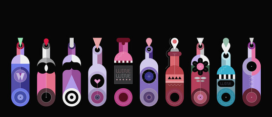 Set of Decorative Bottles.
Colored isolated on a black background decorative bottles graphic illustration. Row of ten different wine bottles.  - 413163858