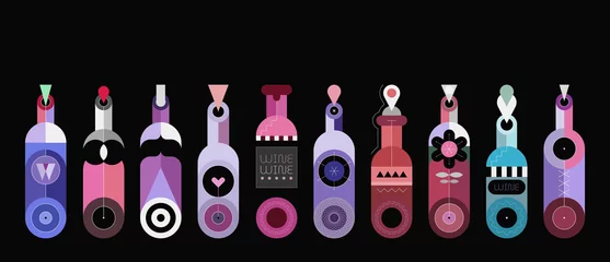 Poster Abstract Art Set of Decorative Bottles. Colored isolated on a black background decorative bottles graphic illustration. Row of ten different wine bottles. 