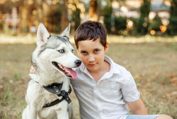 Selective focus of husky dog. Portrait of boy is walking with dog. Blurred little child petting cute dog. Happy kid cuddling puppy. Family spend time together. Veterinary medicine, animal care