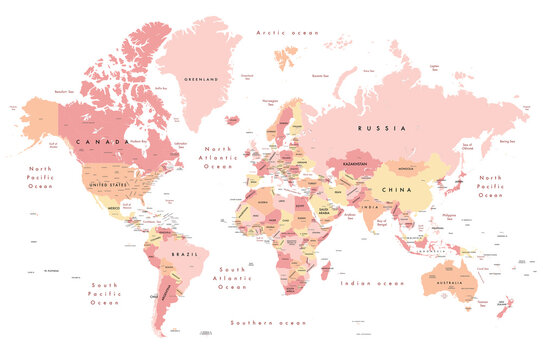 Fototapeta Colourful Illustration of a world map showing country names, State names (USA, Canada & Australia), capital cities, major lakes and oceans. Print at no less than 36". Jpeg - no need for vector program