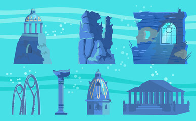 Obraz premium Vector set of sunken ruins of ancient city. Ancient pavilion ,rotunda, columns, archs, gates, towers, acropolis, wall with window.