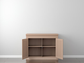 Wooden cabinet with open slatted doors standing in a room. Empty inside. 3d render illustration