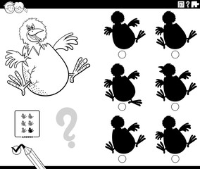 educational shadows game with cartoon chick coloring book page