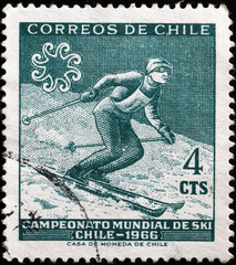 Slalom race on old chilean postage stamp