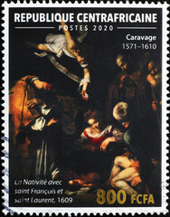 The nativity by Caravaggio on postage stamp