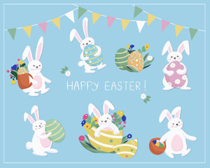 Easter rabbit and painted eggs. Cute happy animal in different poses. Symbols of the celebration of the Great Easter. Vector set of illustrations on blue background