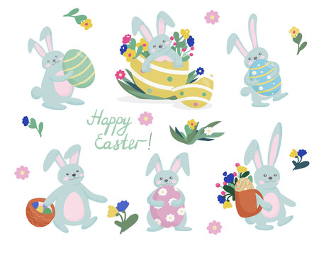 Easter rabbit and painted eggs. Cute happy animal in different poses. Symbols of the celebration of the Great Easter. Vector set of illustrations on white background