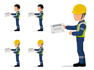 set of an industrial worker is holding certificate