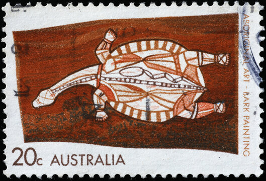 Aboriginal bark painting of a turtle on australian stamp 