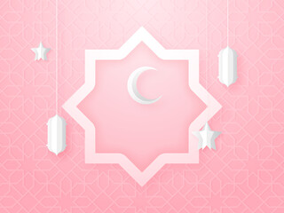 Paper Cut Crescent Moon With Stars, Lanterns Hang And Rub El Hizb On Pink Islamic Pattern Background.