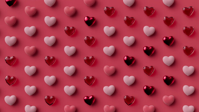 Multicolored Heart background. Valentine Wallpaper with Pink, Red Glass and Red Metallic love hearts. 3D Render 