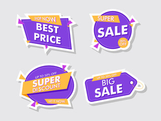 Sticker Style Best Price, Super Sale, Super Discount Label Or Tag With Different Offers On Grey Background.