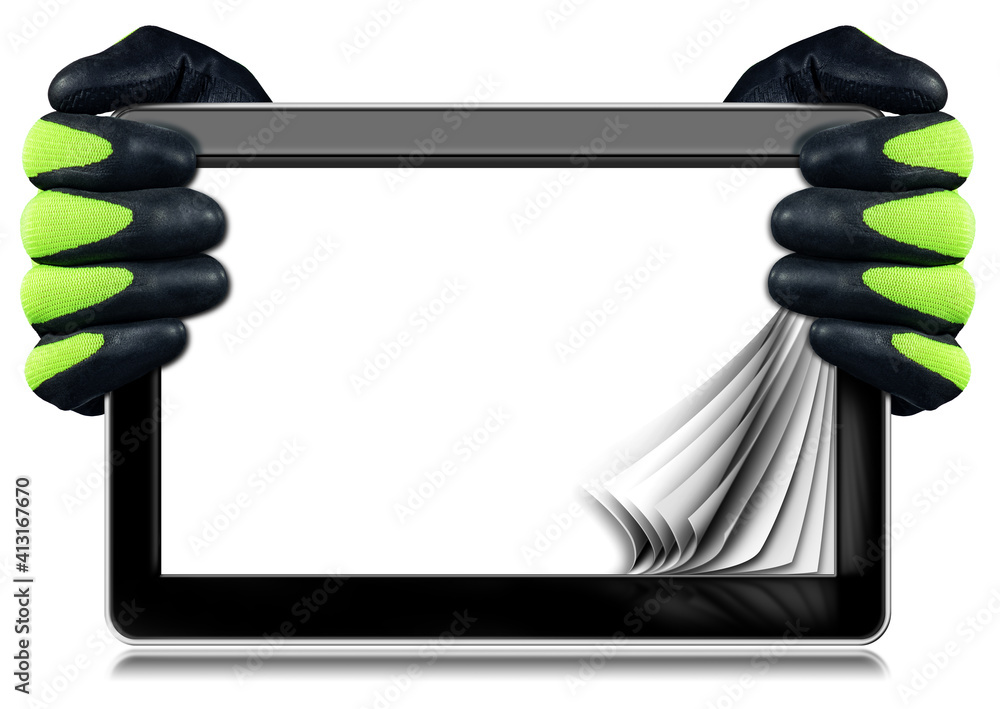 Poster two hands with green and black protective work gloves showing a digital tablet computer with curled 