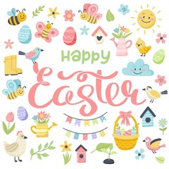 Happy easter lettering with cute eggs, birds, bees, butterflies. Cute hand drawn vector illustration, card template