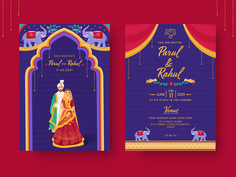 India Kitsch Style Wedding Invitation Card With Event Details In Front And Back View.