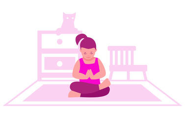 Little girl practices yoga on the background of the interior of the room. The concept of gymnastics, a healthy lifestyle for children. Vector illustrations in flat style.