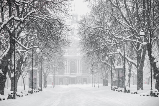 LVIV, UKRAINE - FEBRUARY 10, 2021: Heavy snowfall, The Solomiya Krushelnytska Lviv State Academic Theatre of Opera and Ballet, snowstorm.