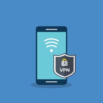 Mobile phone VPN, smartphone connecting to a secure and protected Virtual Private Network. Vector illustration.