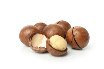 Tasty macadamia nuts isolated on white background