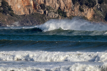 great waves in the coastof laredo in cantabria in the north of spain