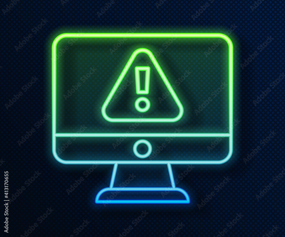 Poster glowing neon line computer monitor with exclamation mark icon isolated on blue background. alert mes