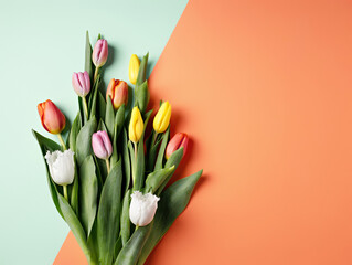 Overhead view of bouquet of colorful tulips on dual tone orange and mint background. Minimal floral...