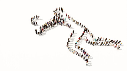 Concept or conceptual large community of people as the image of a volleyball player on white background.  A 3d illustration metaphor for sport, competition, training,  relaxation, family and fun