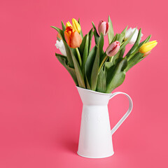 Bouquet of fresh tulip flowers in metal jug on vibrant pink background. Minimal spring concept.