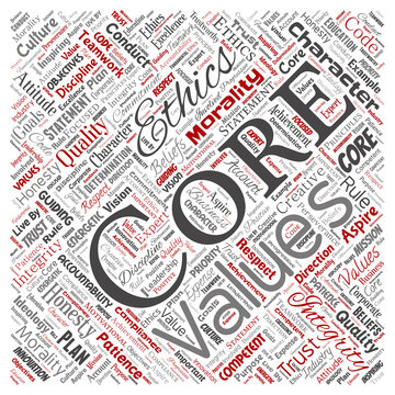 Vector conceptual core values integrity ethics square red concept word cloud isolated background. Collage of honesty quality trust, statement, character, perseverance, respect and trustworthy