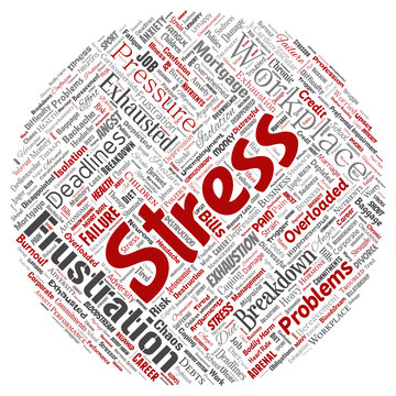 Vector conceptual mental stress at workplace or job pressure human round circle red word cloud isolated background. Collage of health, work, depression problem, exhaustion, breakdown, deadlines risk