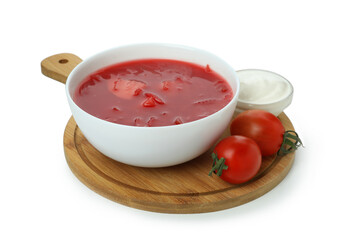 Beetroot soup and ingredients isolated on white background