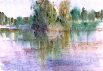 watercolor landscape. morning over the river