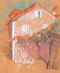 watercolor landscape. Sunny day in the old town