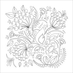 Black and white floral illustration with flowers, berries and leaves. Great graphic element for doodle design.