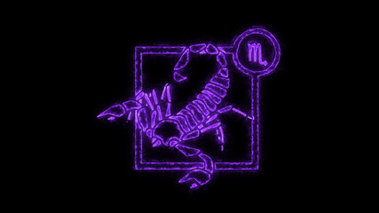 The Scorpio zodiac symbol, horoscope sign lighting effect purple neon glow. Royalty high-quality...