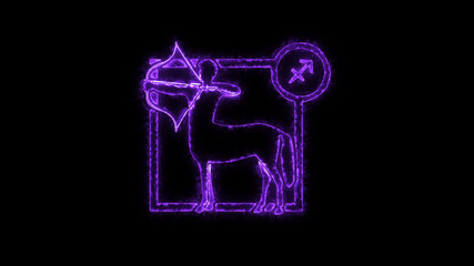 The Sagittarius zodiac symbol, horoscope sign lighting effect purple neon glow. Royalty high-quality free stock of Sagittarius sign isolated on black background. Horoscope, astrology icons with simple