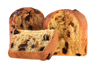 Panettone italian Christmas cake with slice isolated on white background.