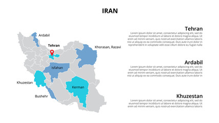 Iran vector map infographic template divided by states, regions or provinces. Slide presentation