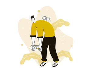 A man gets tired. The concept of loss of energy in life and depression. A dead battery. 
Vector illustration for telework, remote working and freelancing concept, business, start up.
