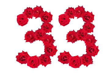 Numeral 33 made of red roses on a white isolated background. Element for decoration. Thirty three. Red roses.