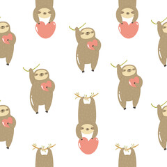 Obraz premium Seamless pattern with cute sloths hanging on a tree.