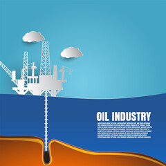 drilling rig for oil production platform in offshore paper art. vector illustration