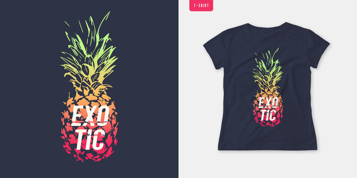 Summer Graphic Womens Tee With Pineapple, Stylish Print, Vector Illustration