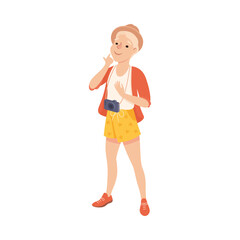 Young Man with Camera Visiting Sights, Man Visiting New Countries and Travelling on Summer Vacation Cartoon Vector Illustratio